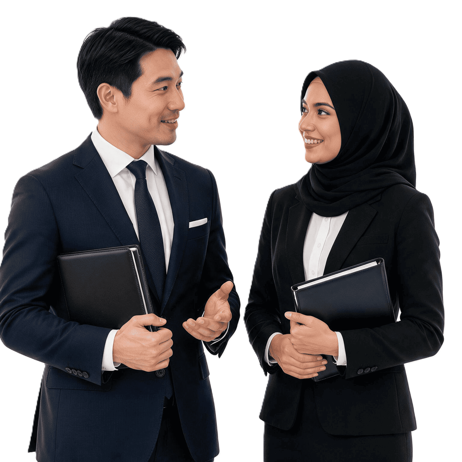 Two legal professionals standing together and reviewing a document